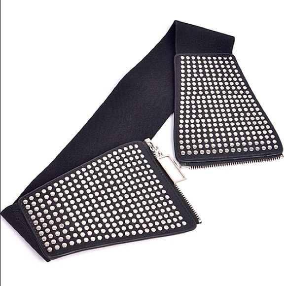 Black Leather Wide Elastic Studded Waist Statement Belt - Picture 6 of 9